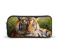 KLJHNVBM Large Capacity Pencil Case Aesthetic Mini Makeup Bag & Travel Organizer with Durable Metal Zipper, Tiger Laying on The Grass Pencil Pouch for Office, Travel (8.7x4.7x2 Inches)