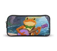 KLJHNVBM Large Capacity Pencil Case Aesthetic Mini Makeup Bag & Travel Organizer with Durable Metal Zipper, Orange Frog Playing Banjo Pencil Pouch for Office, Travel (8.7x4.7x2 Inches)
