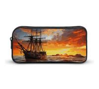 KLJHNVBM Large Capacity Pencil Case Aesthetic Mini Makeup Bag & Travel Organizer with Durable Metal Zipper, Pirate Ship in The Sunset Pencil Pouch for Office, Travel (8.7x4.7x2 Inches)