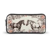KLJHNVBM Large Capacity Pencil Case Aesthetic Mini Makeup Bag & Travel Organizer with Durable Metal Zipper, Flowers And Horses Hand Drawn Pencil Pouch for Office, Travel (8.7x4.7x2 Inches)