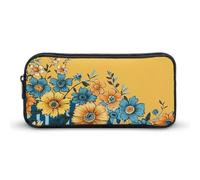 KLJHNVBM Large Capacity Pencil Case Aesthetic Mini Makeup Bag & Travel Organizer with Durable Metal Zipper, Yellow And Blue Floral Pencil Pouch for Office, Travel (8.7x4.7x2 Inches)