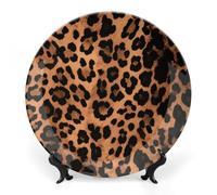 KLJHNVBM Leopard Pattern Bone China Decorative Plate 8inch Ceramic Decorative Plate with Display Stand Art Porcelain Plates Wall Hanging Bone China Dish for Home Office Wall Decor