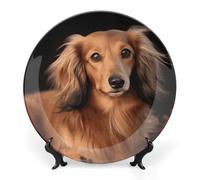 KLJHNVBM Long Haired Dachshund Bone China Decorative Plate 6inch Ceramic Decorative Plate with Display Stand Art Porcelain Plates Wall Hanging Bone China Dish for Home Office Wall Decor