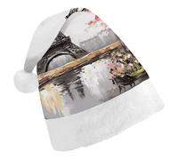 KLJHNVBM Oil Painting Paris Eiffel Tower Christmas Santa Hat for Adults, Soft Stretchable Elf Hat with Fluffy Pom Pom for Xmas Party