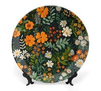 KLJHNVBM Orange And Yellow Pattern Bone China Decorative Plate 7inch Ceramic Decorative Plate with Display Stand Art Porcelain Plates Wall Hanging Bone China Dish for Home Office Wall Decor