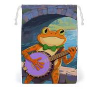 KLJHNVBM Orange Frog Playing Banjo Gift Bag, 12 * 18cm Double-Sided Print Canvas Drawstring Bag - Reusable Multi-Purpose Storage Sack for Travel, Snacks & Jewelry