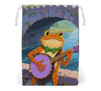 KLJHNVBM Orange Frog Playing Banjo Gift Bag, 20 * 25cm Double-Sided Print Canvas Drawstring Bag - Reusable Multi-Purpose Storage Sack for Travel, Snacks & Jewelry
