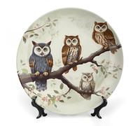 KLJHNVBM Owls on A Branch Bone China Decorative Plate 10inch Ceramic Decorative Plate with Display Stand Art Porcelain Plates Wall Hanging Bone China Dish for Home Office Wall Decor