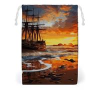KLJHNVBM Pirate Ship in The Sunset Gift Bag, 12 * 18cm Double-Sided Print Canvas Drawstring Bag - Reusable Multi-Purpose Storage Sack for Travel, Snacks & Jewelry