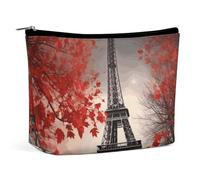 KLJHNVBM Portable Travel Makeup Bag, Lightweight Cosmetic Organizer with Zipper Waterproof PU Leather Toiletry Bag, Eiffel Tower Autumn Leaves Cosmetic Bags for Women