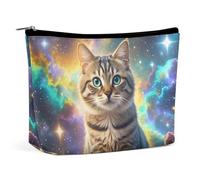 KLJHNVBM Portable Travel Makeup Bag, Lightweight Cosmetic Organizer with Zipper Waterproof PU Leather Toiletry Bag, Cat Sitting Inside Nebula Cosmetic Bags for Women