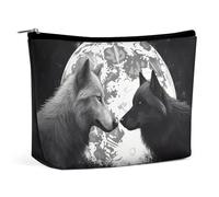 KLJHNVBM Portable Travel Makeup Bag, Lightweight Cosmetic Organizer with Zipper Waterproof PU Leather Toiletry Bag, Wolves Love Under The Moon Wild Animal Cosmetic Bags for Women