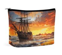 KLJHNVBM Portable Travel Makeup Bag, Lightweight Cosmetic Organizer with Zipper Waterproof PU Leather Toiletry Bag, Pirate Ship in The Sunset Cosmetic Bags for Women