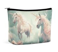 KLJHNVBM Portable Travel Makeup Bag, Lightweight Cosmetic Organizer with Zipper Waterproof PU Leather Toiletry Bag, Two Horses Are Flying Cosmetic Bags for Women