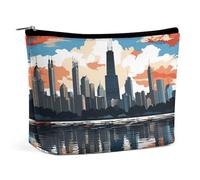 KLJHNVBM Portable Travel Makeup Bag, Lightweight Cosmetic Organizer with Zipper Waterproof PU Leather Toiletry Bag, Chicago Skyline Cosmetic Bags for Women