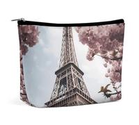 KLJHNVBM Portable Travel Makeup Bag, Lightweight Cosmetic Organizer with Zipper Waterproof PU Leather Toiletry Bag, Eiffel Tower Blossoms Cosmetic Bags for Women