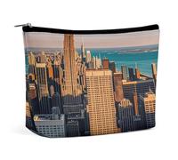 KLJHNVBM Portable Travel Makeup Bag, Lightweight Cosmetic Organizer with Zipper Waterproof PU Leather Toiletry Bag, High Rise Buildings Skyscrapers Cosmetic Bags for Women