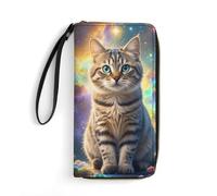 KLJHNVBM PU Leather Wristlet Wallet for Women Men Cat Sitting Inside Nebula Clutch Small Purse with Card Slots for Travel