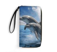 KLJHNVBM PU Leather Wristlet Wallet for Women Men Two Dolphins Clutch Small Purse with Card Slots for Travel