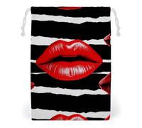 KLJHNVBM Red Lips Kiss Gift Bag, 20 * 25cm Double-Sided Print Canvas Drawstring Bag - Reusable Multi-Purpose Storage Sack for Travel, Snacks & Jewelry