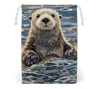 KLJHNVBM Sea Otters Painting Gift Bag, 20 * 25cm Double-Sided Print Canvas Drawstring Bag - Reusable Multi-Purpose Storage Sack for Travel, Snacks & Jewelry