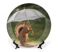 KLJHNVBM Squirrel Hold A Umbrellas Bone China Decorative Plate 6inch Ceramic Decorative Plate with Display Stand Art Porcelain Plates Wall Hanging Bone China Dish for Home Office Wall Decor