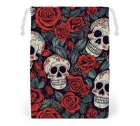 KLJHNVBM Sugar Skulls And Red Roses Gift Bag, 20 * 25cm Double-Sided Print Canvas Drawstring Bag - Reusable Multi-Purpose Storage Sack for Travel, Snacks & Jewelry