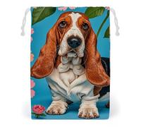 KLJHNVBM Sweet Basset Hound Florals Gift Bag, 12 * 18cm Double-Sided Print Canvas Drawstring Bag - Reusable Multi-Purpose Storage Sack for Travel, Snacks & Jewelry