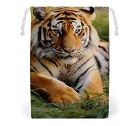 KLJHNVBM Tiger Laying on The Grass Gift Bag, 12 * 18cm Double-Sided Print Canvas Drawstring Bag - Reusable Multi-Purpose Storage Sack for Travel, Snacks & Jewelry