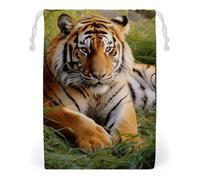 KLJHNVBM Tiger Laying on The Grass Gift Bag, 20 * 25cm Double-Sided Print Canvas Drawstring Bag - Reusable Multi-Purpose Storage Sack for Travel, Snacks & Jewelry