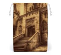 KLJHNVBM Vintage Medieval Castle Gift Bag, 12 * 18cm Double-Sided Print Canvas Drawstring Bag - Reusable Multi-Purpose Storage Sack for Travel, Snacks & Jewelry