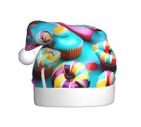 KLJnmbb Colorful Sweet Lollipop Cupcake Donut Print Adult Santa Hat for Holiday New Year Celebrations Party Accessory Christmas Cap