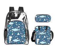 KLJnmbb Cute Blue Fish Print Clear Lightweight 3-Piece Lunch Bag Combo Transparent Backpack Set School Travel