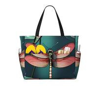 KLJnmbb Dragonfly with Water Lily Print Beach Travel Bag Waterproof Multiple Pockets Lightweight Foldable Vacation Reusable