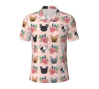 KLJnmbb French Bulldog and Flowers Print Breathable Polo Shirts Men Stylish Short Sleeve Casual Outings Fathers Day Presents Black
