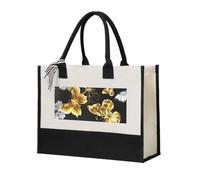 KLJnmbb Gold White Butterflies Black Print Tote Bag Canvas Gift Large Capacity Eco-Friendly For Travel Office Weekend Trips