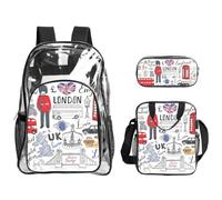 KLJnmbb I Love London Print Clear Lightweight 3-Piece Lunch Bag Combo Transparent Backpack Set School Travel