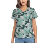 KLJnmbb Mint Gray Leaves Print Casual T Shirt for Women Classic Short Sleeve Tee Soft Suitable Work Office