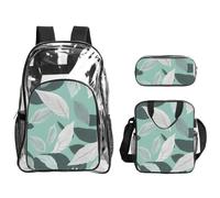 KLJnmbb Mint Gray Leaves Print Clear Lightweight 3-Piece Lunch Bag Combo Transparent Backpack Set School Travel