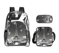 KLJnmbb Paris Eiffel Tower And Cloud Print Clear Lightweight 3-Piece Lunch Bag Combo Transparent Backpack Set School Travel