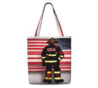 KLJnmbb Red Stripe Firefighter Usa Flag Print Canvas Shoulder Bag Large Capacity Tote Office Shopping Casual Travel Beach Picnic