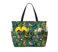 KLJnmbb Tropical plants and parrots Print Beach Travel Bag Waterproof Multiple Pockets Lightweight Foldable Vacation Reusable