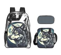 KLJnmbb Wolf Night Moon Print Clear Lightweight 3-Piece Lunch Bag Combo Transparent Backpack Set School Travel