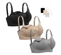 KLKIT 3-Piece Nursing Bra Set, Wireless, Full Coverage, Removable Pads, Adjustable Straps, Black, Grey, Beige, XX-Large