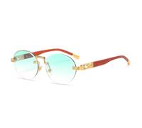 KLKLKTT Unisex Rimless Round Sunglasses Metal Frame Wood Grain Temples Adjustable Nose Pads Lightweight Stylish Eyewear Dur