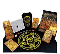 KLKOKVKE Tarot Cards Set for Beginners with Guide Book, Meanings on Them, PVC Waterproof, Including Card Holder, Table Mat, Seven Chakra Stones, and Crystal Pendulum(Golden 05)