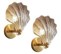 KlkrzJwy Modern Crystal Wall Light, Brass Base Shell Wall Sconces Lamp, E14 Gold Crystal Wall Lamp Wall Lighting Fixtures For Bedside Bedroom Living Room Corridor Dining Room Hallway (Amber)