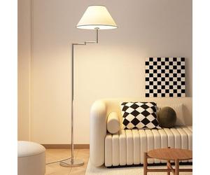 KlkrzJwy Nordic Simple Floor Lamp With White Fabric Shade Adjustable Swing Arm Floor Lamp Chrome Plating Standing Lamp Corner Light Reading Lamp for Living Room Bedroom Office, LED Bulb Included