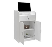 KlkrzJwy Wooden Podium Stand 37.4 Inch Speaking Lectern With Storage Shelves And Drawer Floor Standing Podium Reception Desk Teacher's Lecture Platform Laptop Desk Table For Church Office School White