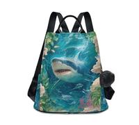 KLL 3D Shark Water Ocean Sea Fashion middle school backpacks casual waterproof backpack for women for Daily College Shopping with Pom-pom keychain